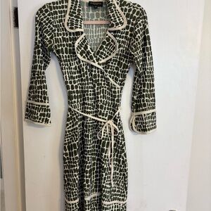 Huminska Faux Wrap Dress.  Olive green and white pattern.  Size 4